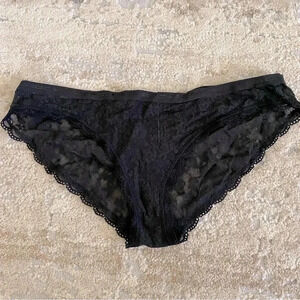 Victoria’s Secret Bikini Black Lace Panties Sheer Logo Waistband: Medium